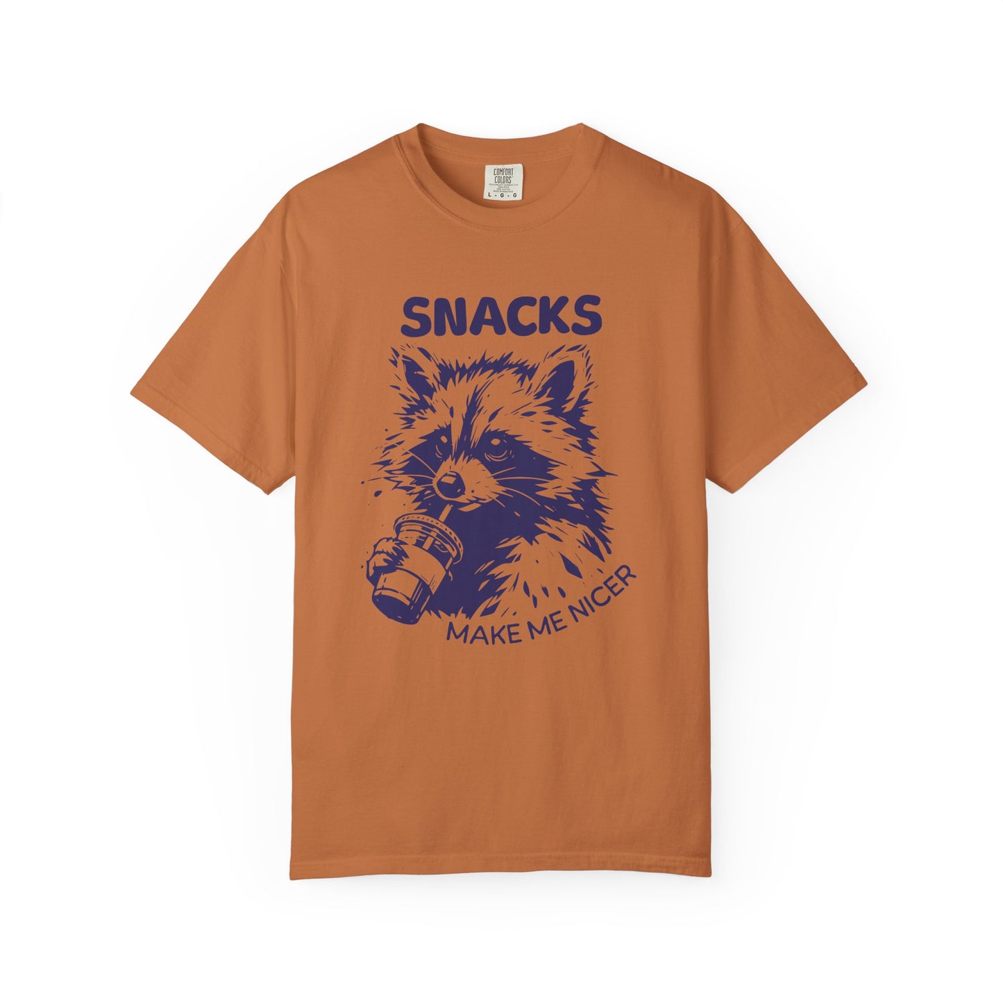 Garment-Dyed 100% cotton T-Shirt with Snack-Loving Raccoon Design, Casual Wear, Cute Animal Tee, Gift for Food Lovers, Fun Vintage Vibe