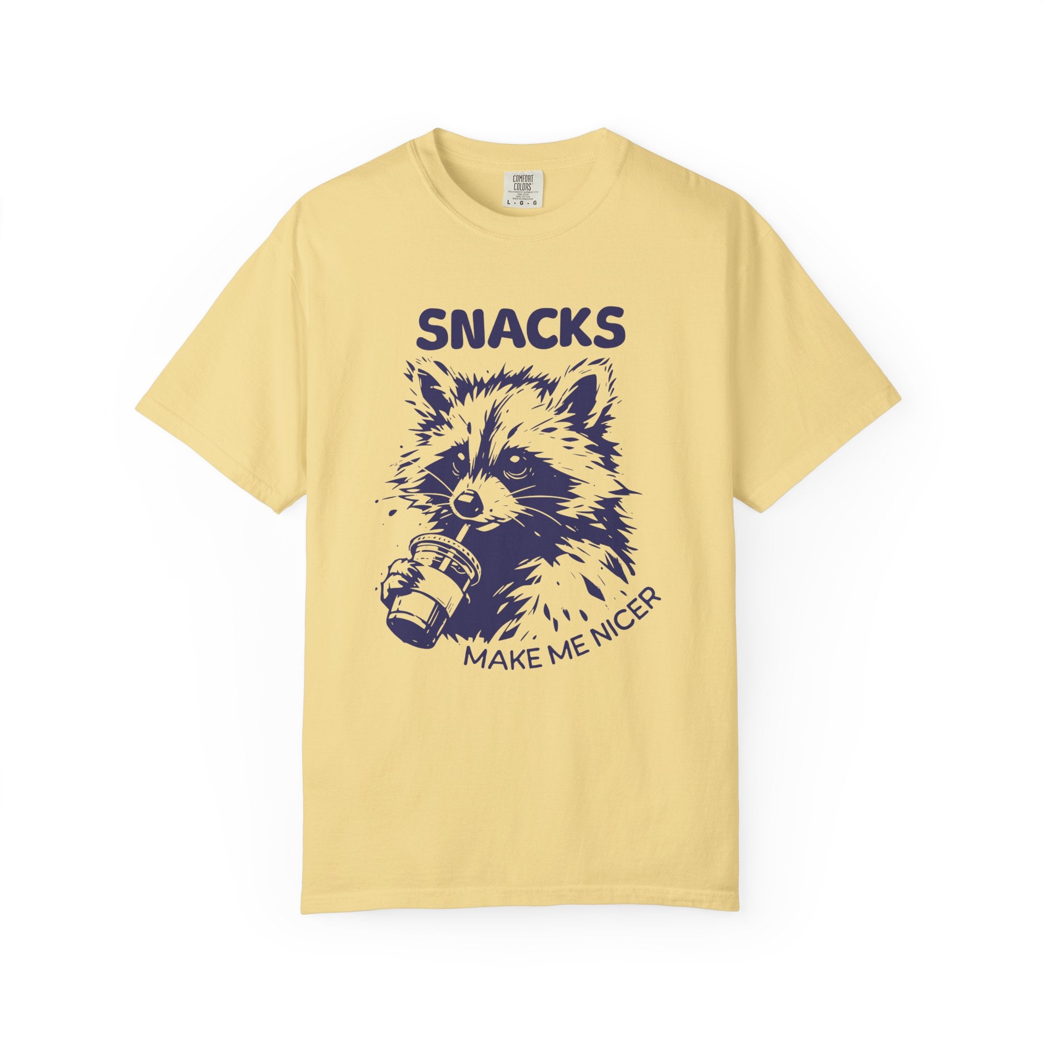 Garment-Dyed 100% cotton T-Shirt with Snack-Loving Raccoon Design, Casual Wear, Cute Animal Tee, Gift for Food Lovers, Fun Vintage Vibe