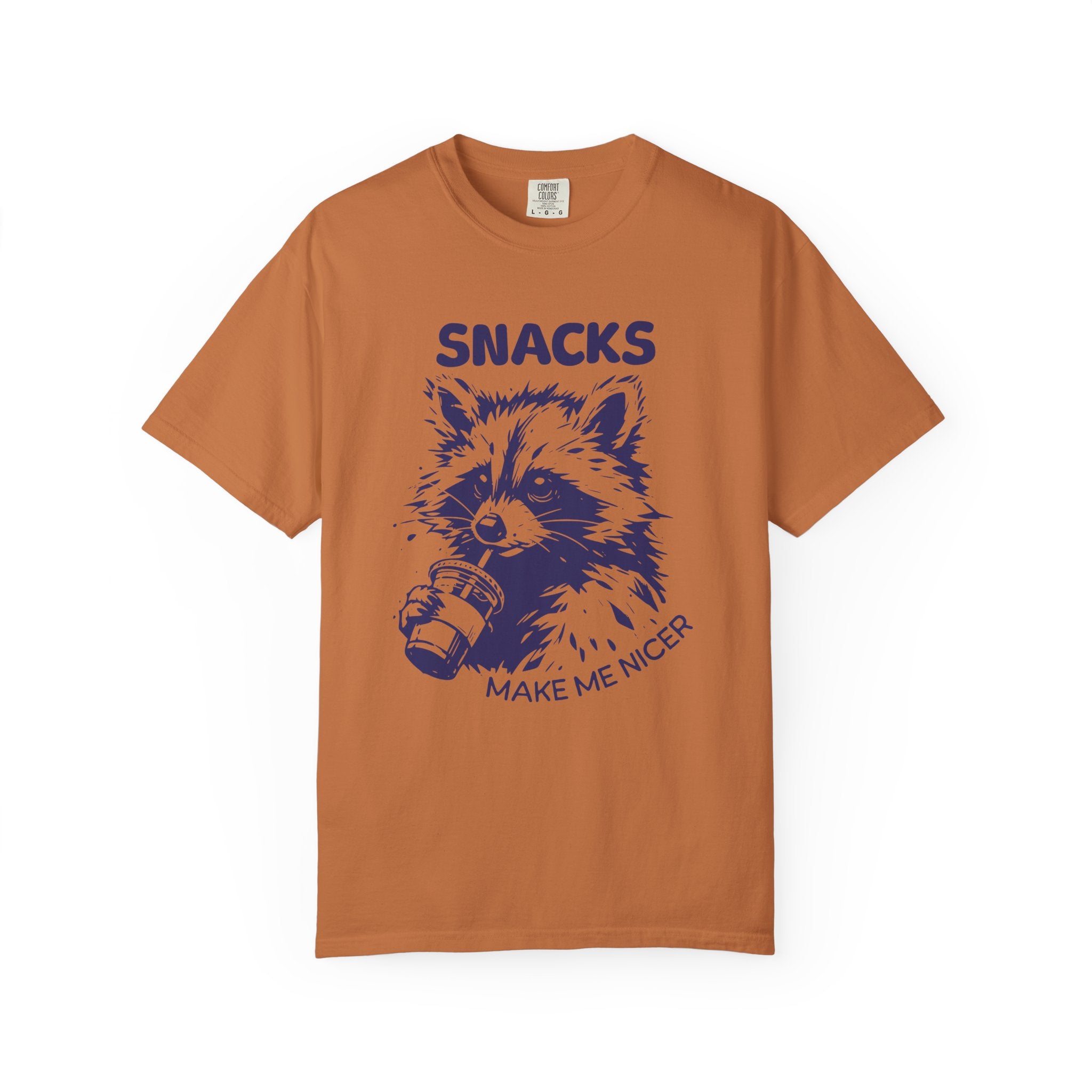 Garment-Dyed 100% cotton T-Shirt with Snack-Loving Raccoon Design, Casual Wear, Cute Animal Tee, Gift for Food Lovers, Fun Vintage Vibe