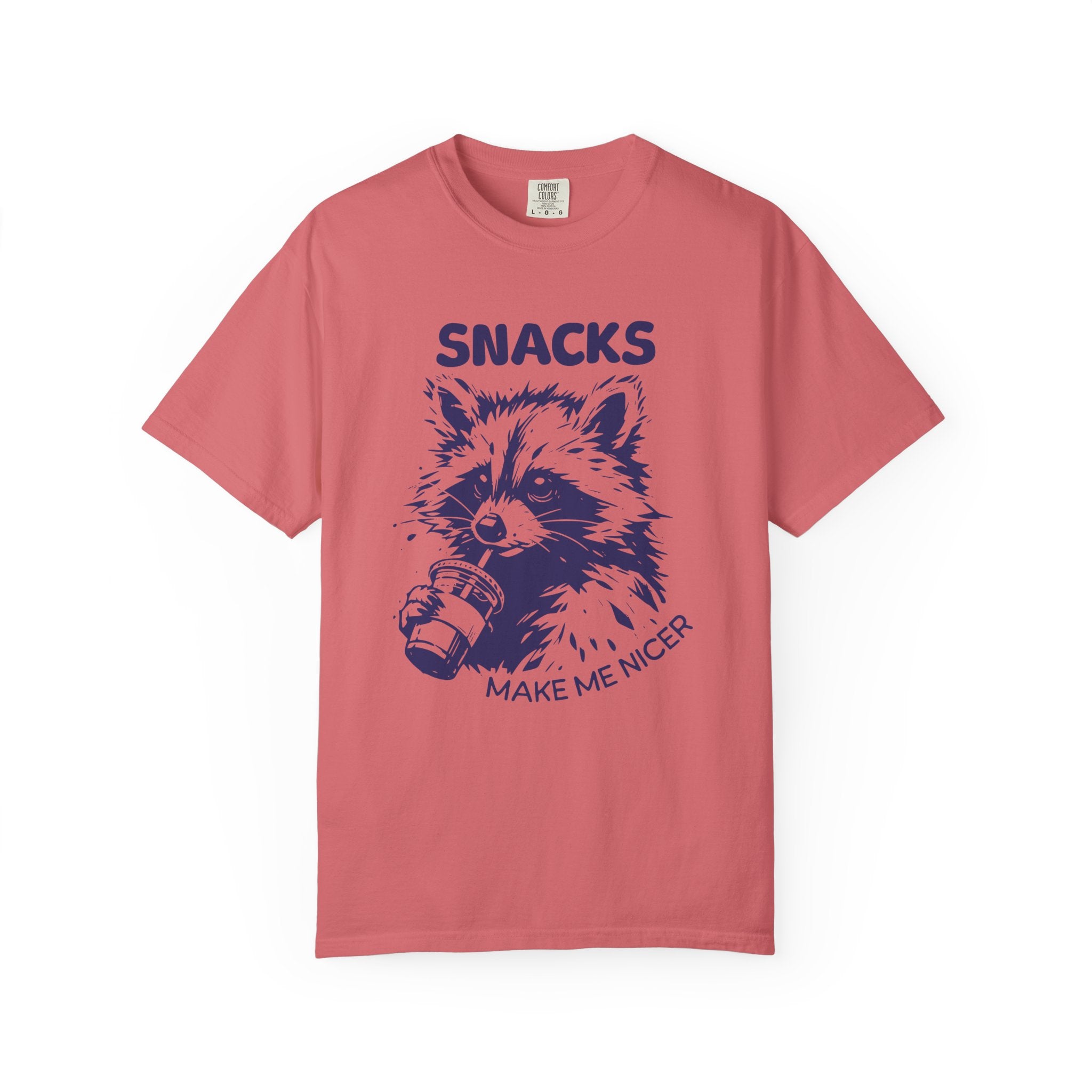 Garment-Dyed 100% cotton T-Shirt with Snack-Loving Raccoon Design, Casual Wear, Cute Animal Tee, Gift for Food Lovers, Fun Vintage Vibe