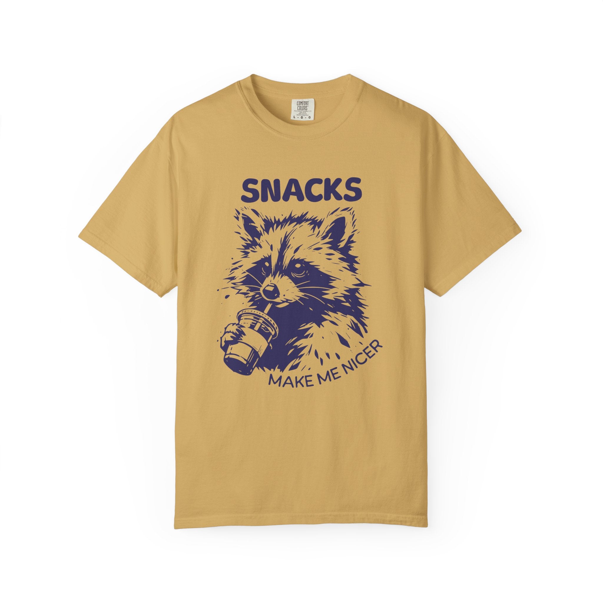Garment-Dyed 100% cotton T-Shirt with Snack-Loving Raccoon Design, Casual Wear, Cute Animal Tee, Gift for Food Lovers, Fun Vintage Vibe