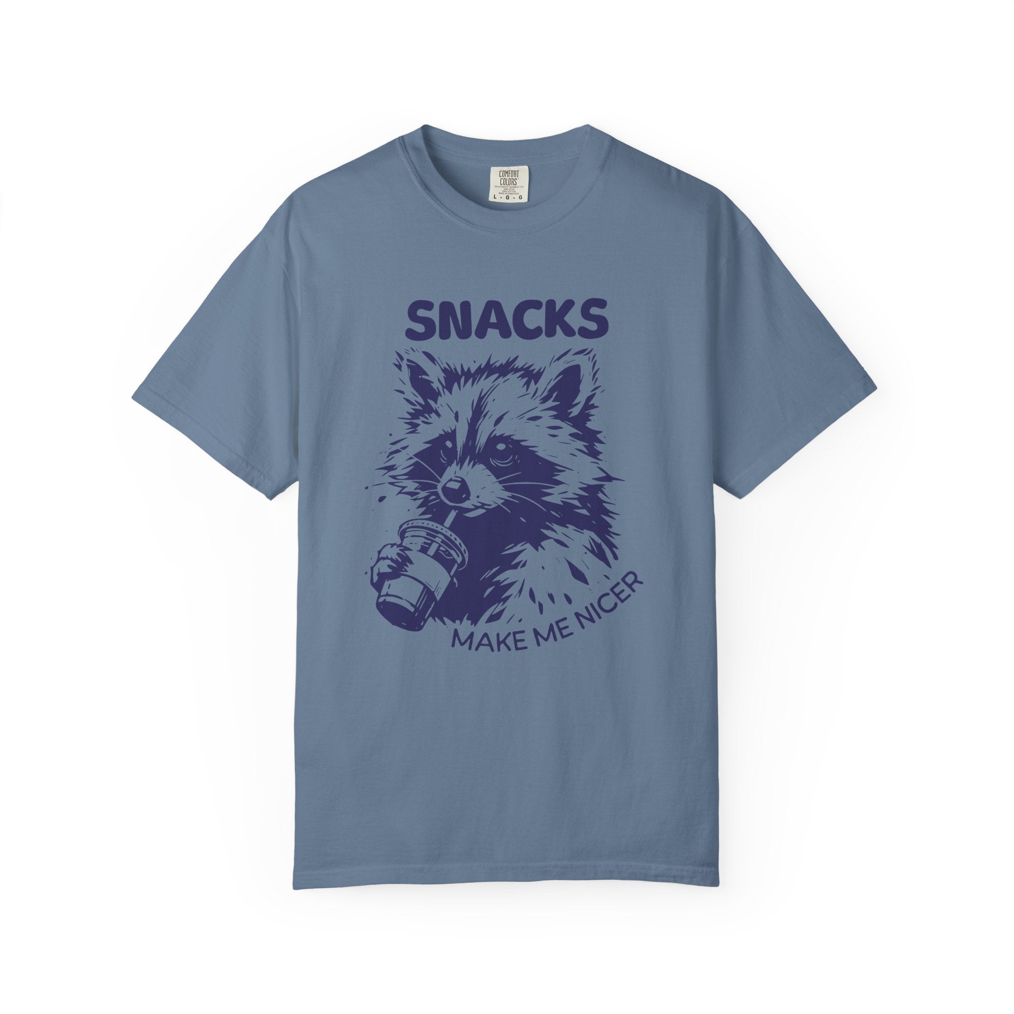 Garment-Dyed 100% cotton T-Shirt with Snack-Loving Raccoon Design, Casual Wear, Cute Animal Tee, Gift for Food Lovers, Fun Vintage Vibe