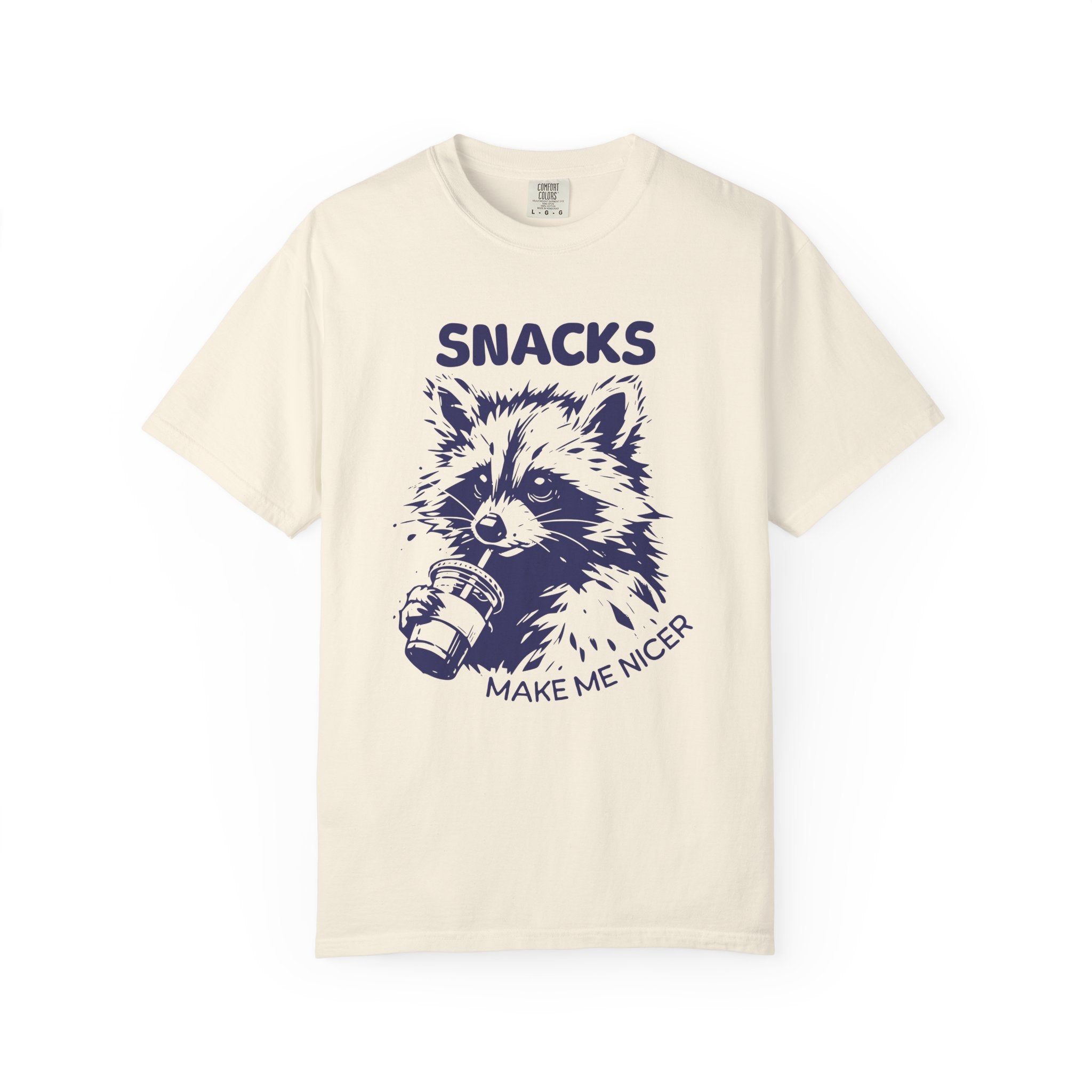 Garment-Dyed 100% cotton T-Shirt with Snack-Loving Raccoon Design, Casual Wear, Cute Animal Tee, Gift for Food Lovers, Fun Vintage Vibe