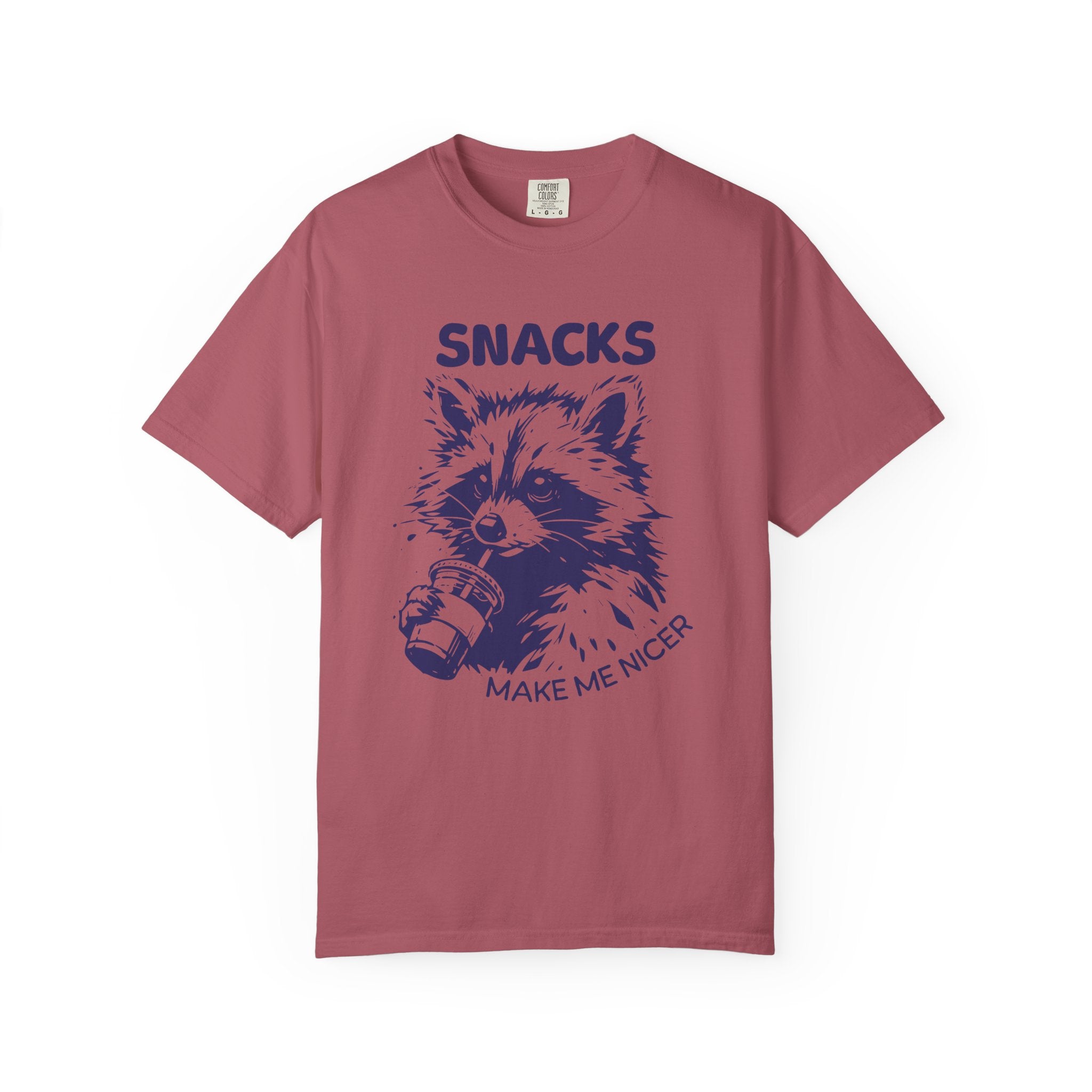 Garment-Dyed 100% cotton T-Shirt with Snack-Loving Raccoon Design, Casual Wear, Cute Animal Tee, Gift for Food Lovers, Fun Vintage Vibe